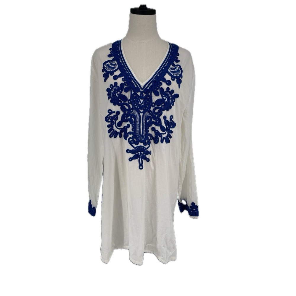 LA Blanca Women's White w/ Blue Embroidery Size‎ L Cover-Up Tunic Top